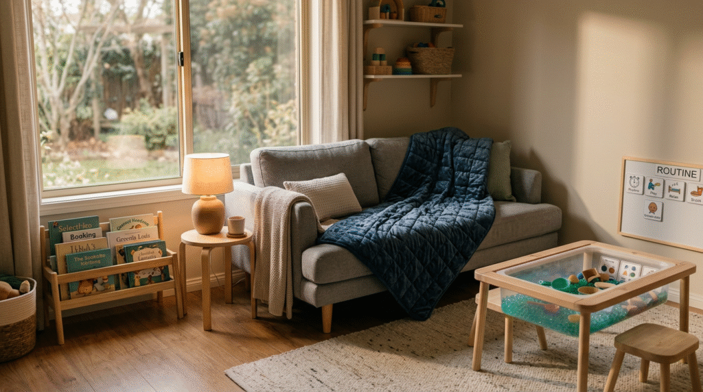 A calm, sensory-friendly living room with a weighted blanket, reading nook, and sensory bin, designed for comfort and regulation in an autistic home.