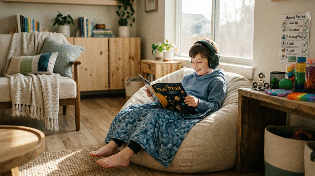 A serene, sensory-friendly living room with soft lighting, an autistic individual relaxing with headphones and a weighted blanket, surrounded by various sensory tools and a visual schedule, illustrating an evidence-based approach to comfort and regulation.
