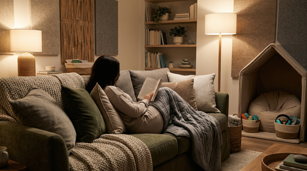 A cozy, sensory-friendly living room featuring soft lighting, a plush sofa with a weighted blanket, and sound-dampening elements, designed to promote calm and regulation for an autistic individual.