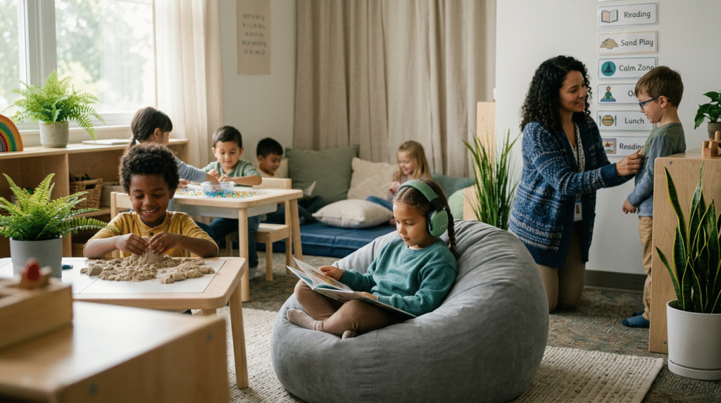 An inclusive classroom designed for autistic children, featuring soft lighting, flexible seating like beanbags, and visual schedules, with children engaged in calm, sensory-friendly activities.