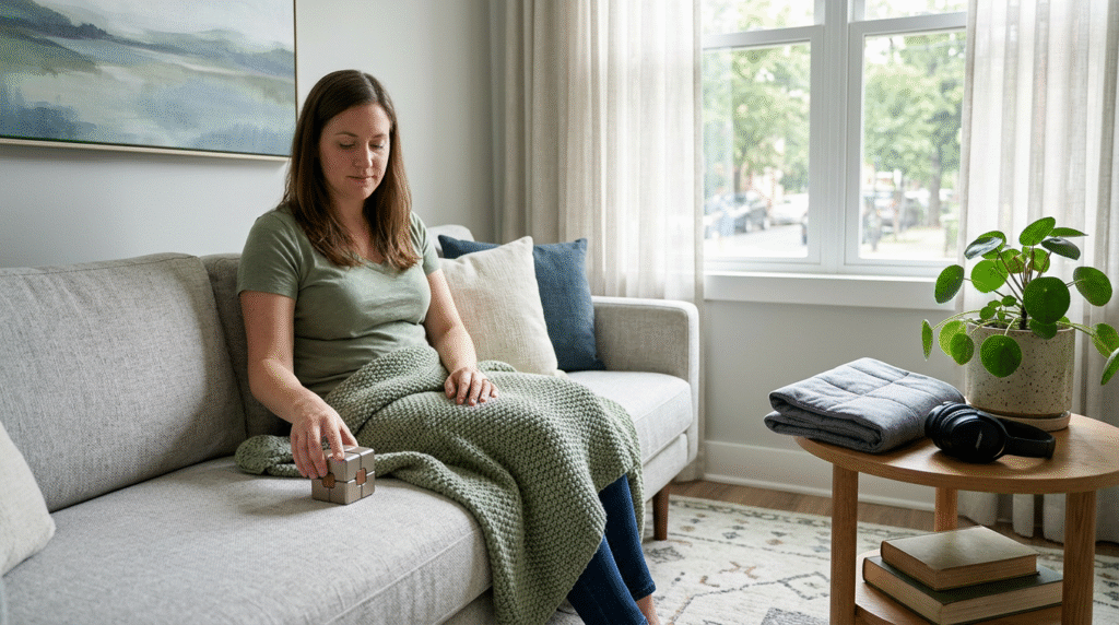 A peaceful, sensory-friendly living room designed for an autistic adult, featuring soft lighting, comfortable textures, and subtle adult sensory items like a weighted lap pad and fidget toy, promoting calm and regulation.