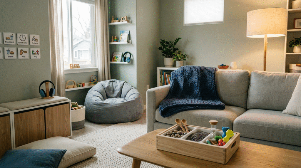 A cozy, sensory-friendly living room with soft lighting, a large beanbag, and a weighted blanket, designed to support an autistic individual's comfort and regulation.