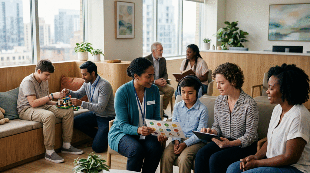 Healthcare professionals discussing individualized treatment plans with autistic individuals and their families in a modern clinic, symbolizing collaborative and person-centered care for autism.
