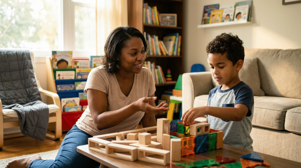 A parent gently offering two choices to their child with a PDA profile of autism, fostering cooperation in a calm home environment.