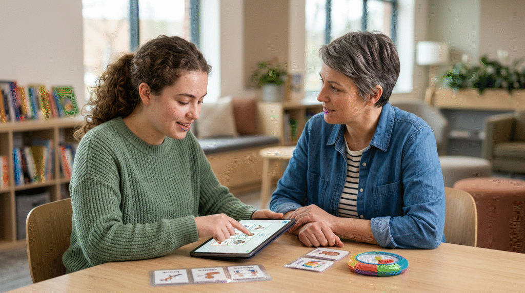 People using varied, flexible communication methods, including indirect language and visual choices, to connect and collaborate in a supportive environment.