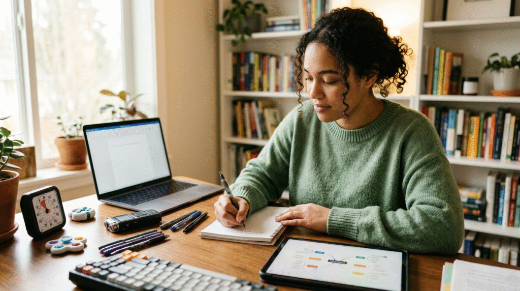 Autistic individuals with PDA profiles using diverse writing tools like speech-to-text, keyboards, and ergonomic pens in a supportive, low-demand environment.