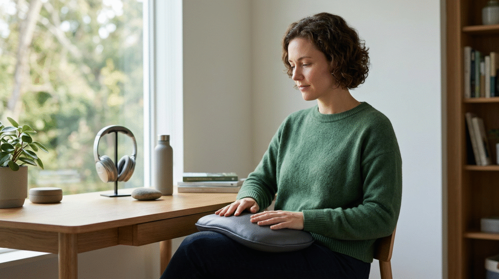 An adult with a PDA profile using discreet sensory tools in a calm home office, including noise-canceling earbuds and a fidget toy, to manage sensory input and focus.