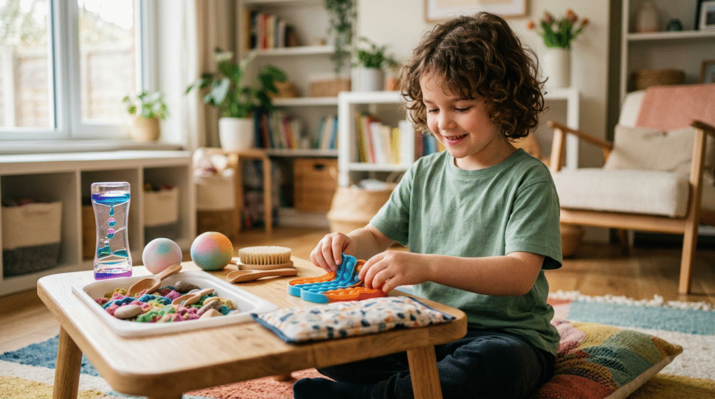 Child happily engaging with a soft, textured fidget toy, demonstrating sensory regulation and engagement.