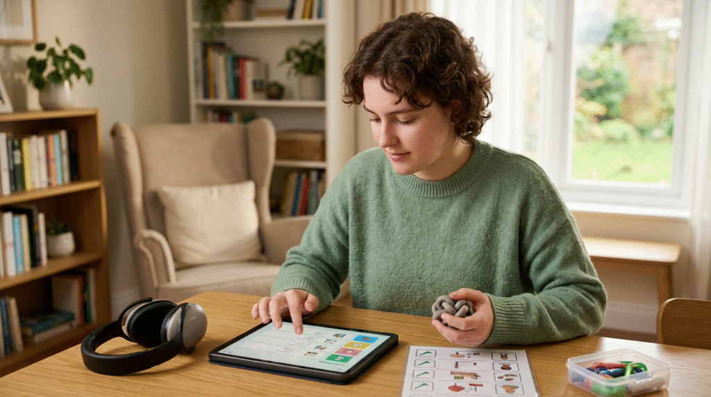 Individuals with a PDA profile using various autism tools like weighted blankets, visual schedules, and fidget toys in a supportive setting.