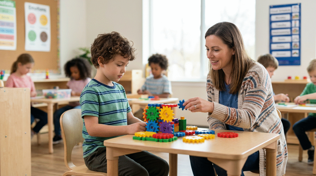 An autistic student with a PDA profile calmly engaged in a self-chosen activity in a flexible, sensory-friendly classroom, with a supportive teacher nearby.