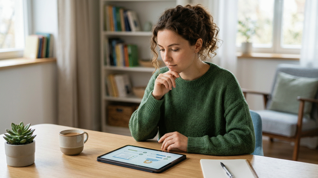 An adult person reflecting quietly, possibly considering their own experiences related to a PDA profile.