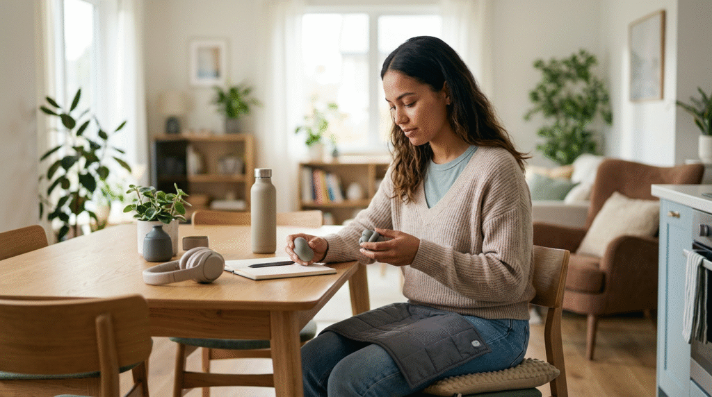 An individual with a PDA profile using various autism sensory tools, such as noise-canceling headphones in a public space and a weighted lap pad at home, to support self-regulation and reduce anxiety in daily routines.