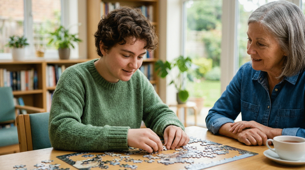 Diverse individuals collaborating and supporting each other in a calm environment, symbolizing understanding and tailored support after a PDA diagnosis.