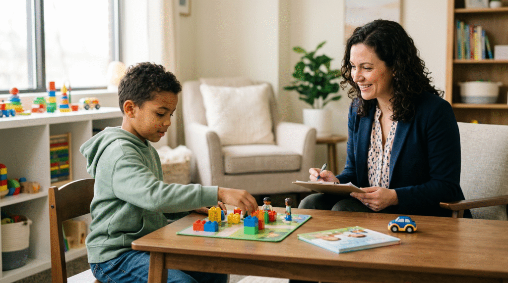 A clinician observing a child playing with toys during an ADOS-2 assessment, with a parent sitting nearby. The scene is calm and focused on interaction.