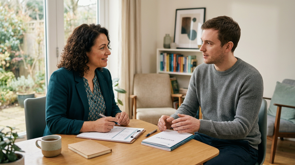 Adults consulting with a professional during an autism assessment, illustrating the comprehensive diagnostic process.