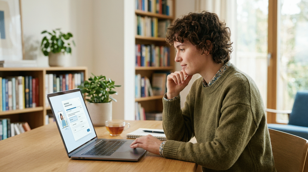 A person thoughtfully examining a graph of test results on a tablet, representing the process of interpreting a free autism spectrum test.