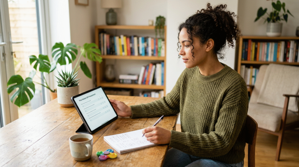 Person thoughtfully reviewing an online autism screener on a tablet, representing self-reflection and initial exploration of autistic traits.