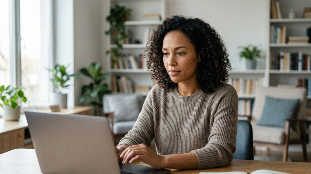 An adult person thoughtfully reviewing an online questionnaire on a laptop, representing the process of taking a free autism test for adults.