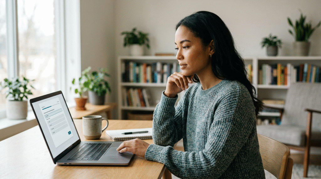 Person thoughtfully evaluating an online autism questionnaire on a laptop