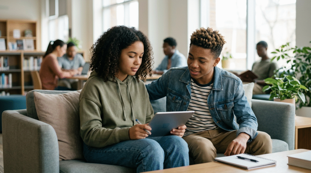Diverse group of teenagers thoughtfully discussing or reflecting on personal experiences, with one looking at a tablet, in a calm, supportive environment.