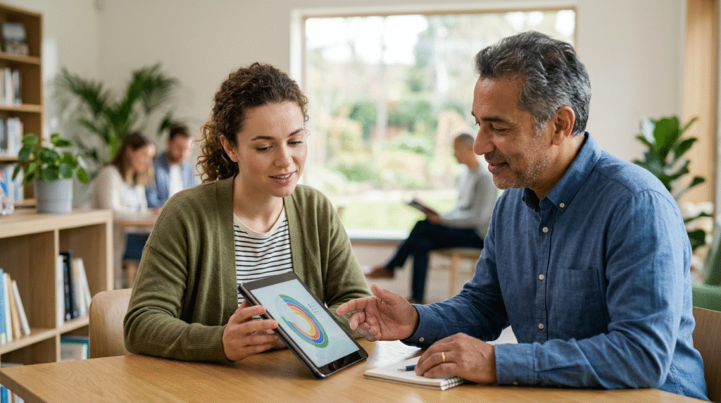 Person reviewing results on a tablet, contemplating next steps after taking a free autism test.