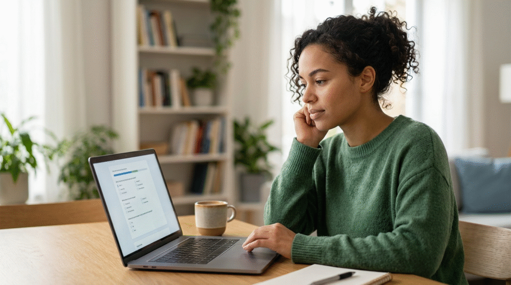 A person thoughtfully reviewing an online questionnaire on a laptop, representing self-assessment for autism.