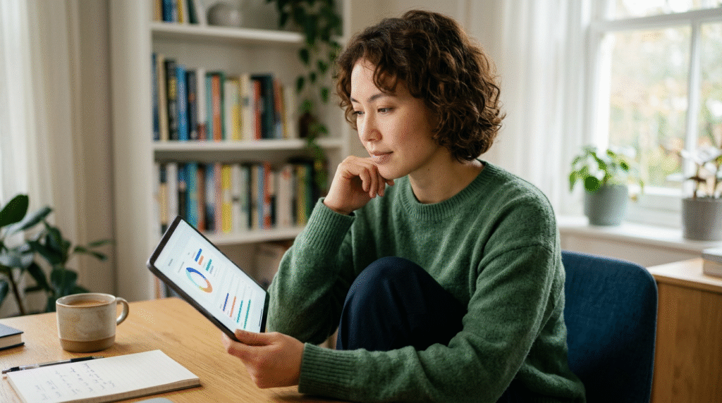 A person thoughtfully reviewing results on a screen, symbolizing self-reflection and neurotype exploration after taking an online autistic test.