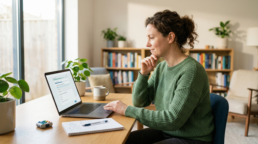 An adult person thoughtfully reviewing results on a tablet, with a notebook and pen ready for reflection, symbolizing self-awareness and planning next steps.