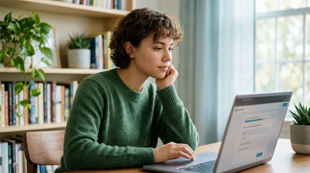 An adult thoughtfully completing an online self-assessment questionnaire on a laptop, reflecting on their experiences.