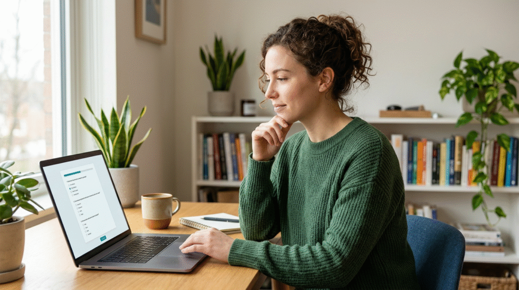 Person thoughtfully reflecting on personal insights gained from a self-assessment, symbolizing self-discovery and understanding of one's neurotype.