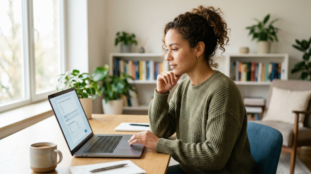 An adult person thoughtfully reviewing results on a laptop screen after taking a free online autism test, reflecting on self-discovery.