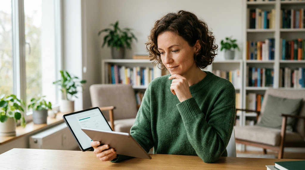 An adult person thoughtfully engaging with an online autism spectrum test on a tablet, symbolizing self-discovery and understanding of neurodiversity.