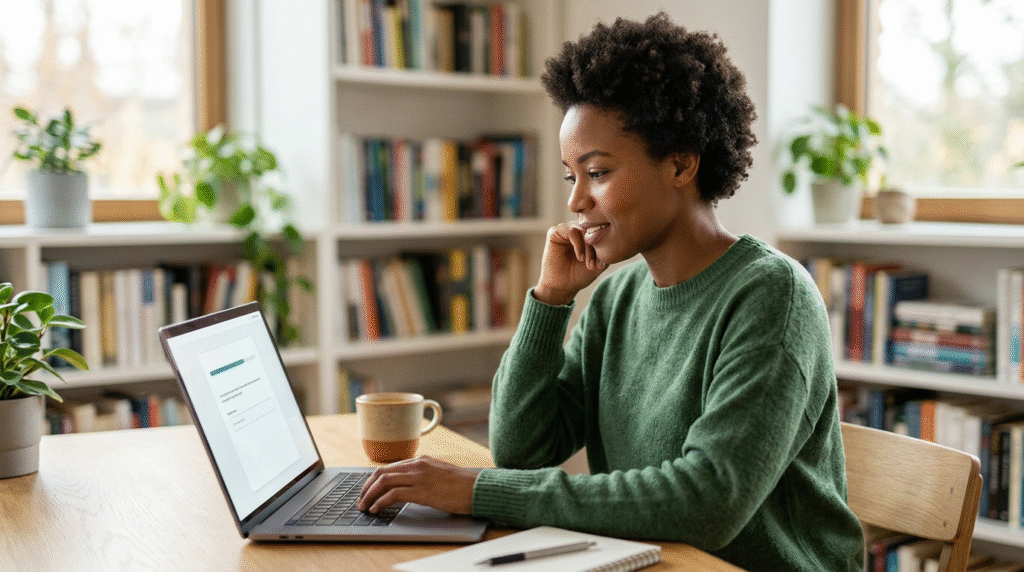 A person thoughtfully engaging with an online questionnaire on a laptop, representing the initial search and self-reflection phase of exploring potential autistic traits.
