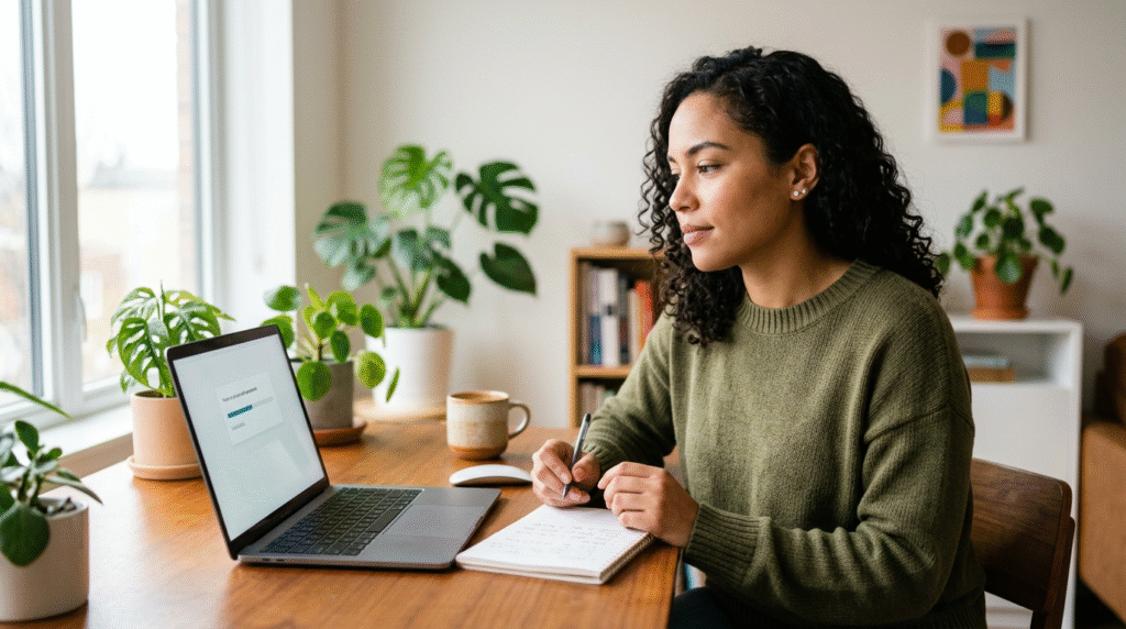 Person contemplating results on a tablet, symbolizing self-reflection after taking an online autism spectrum disorder screener.