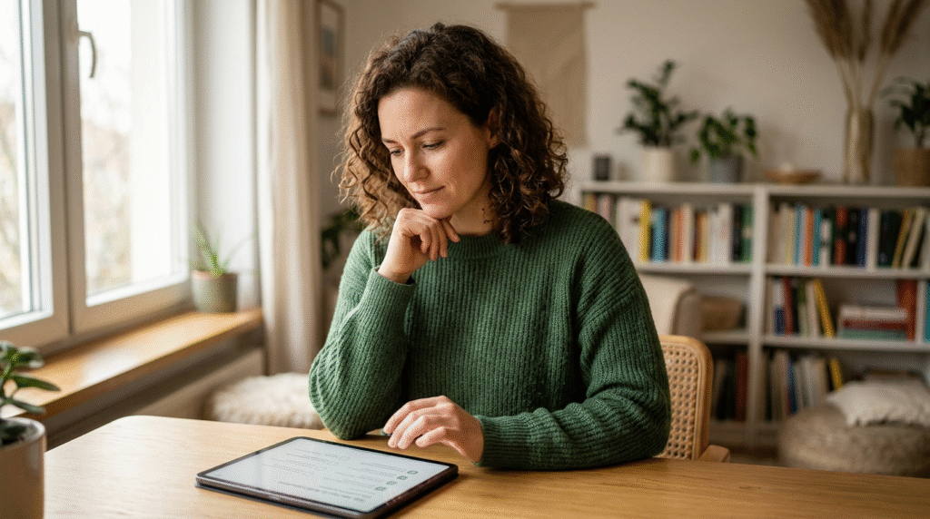 An adult person thoughtfully reviewing an online questionnaire on a laptop, symbolizing self-screening for autism, with elements of reflection and personal discovery around them.