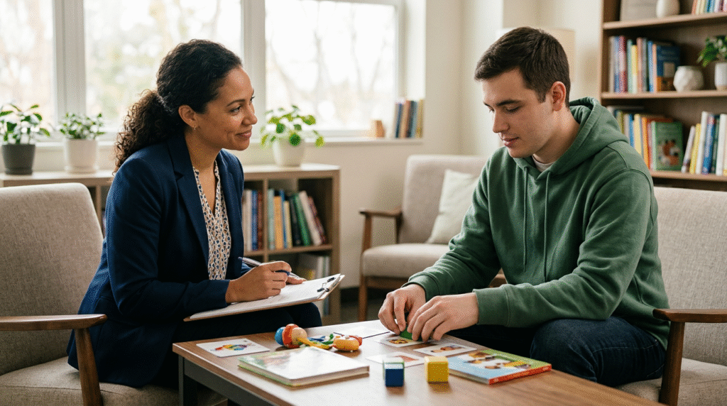 A clinician observing and interacting with a person during a professional autism assessment, highlighting the in-person nature of diagnostic tools like the ADOS-2.
