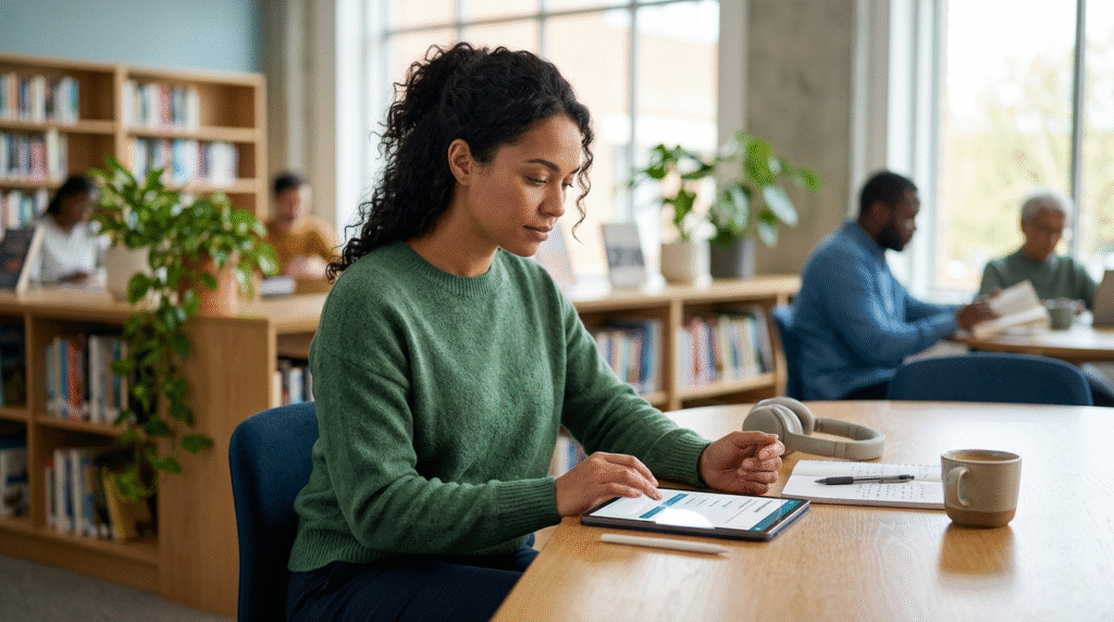 An adult person sitting at a desk, looking at a notepad, contemplating information related to self-assessment for autism.
