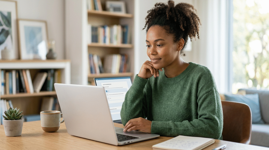 A person looking thoughtfully at a laptop screen, engaging in self-reflection while taking an online questionnaire about personal traits.