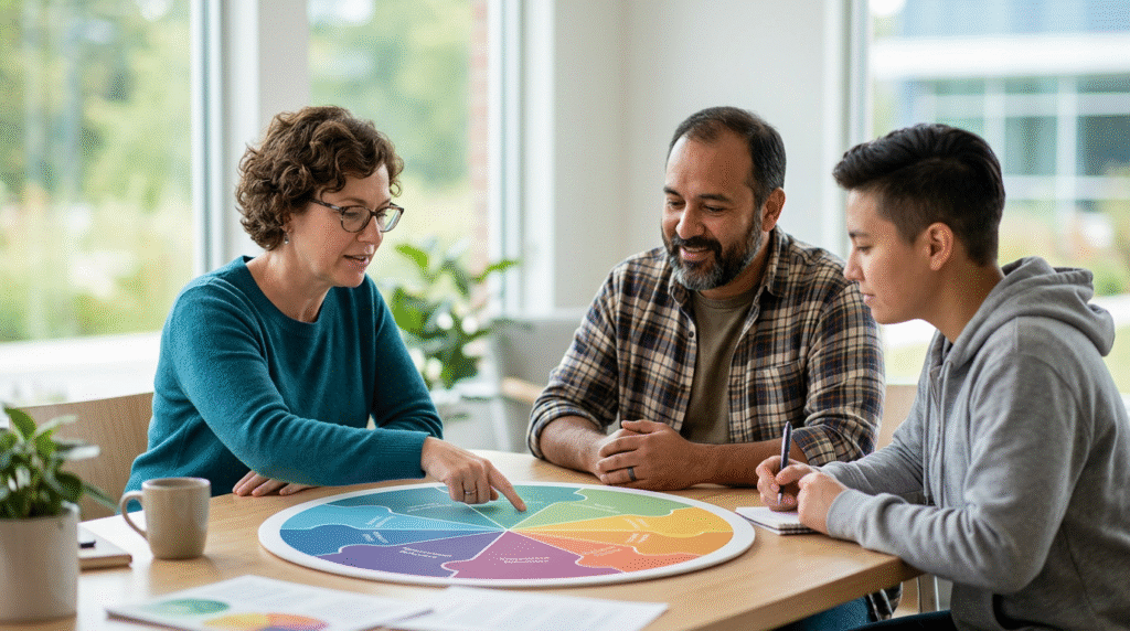 A conceptual radial diagram illustrating the autism spectrum as a wheel with multiple spokes, each representing a different autistic trait like social communication or sensory processing, with indicators showing varying intensity levels for a unique individual profile.