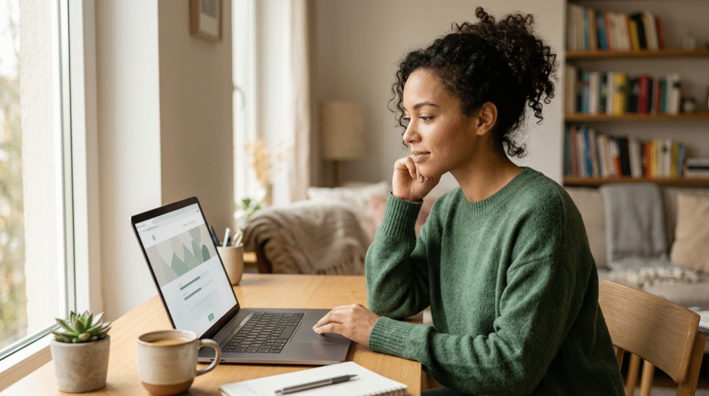A person contemplating their laptop screen, engaged in self-reflection after taking an online autism screener, symbolizing a journey of self-discovery.