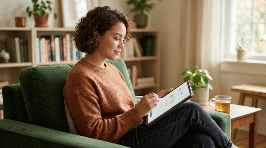 An adult thoughtfully considering questions on a laptop, symbolizing self-exploration after taking an online autism screener.