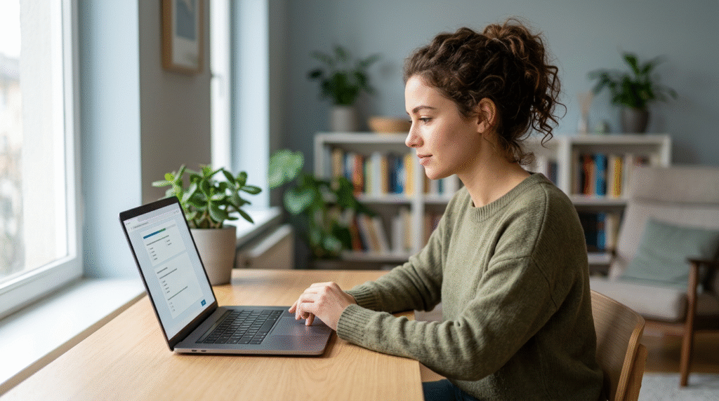 A person contemplating their laptop screen while taking an online self-assessment, with a notebook and pen nearby, symbolizing self-reflection and the initial steps of exploring personal traits.