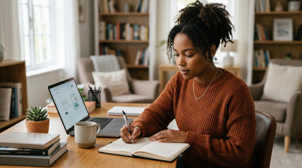A person thoughtfully reviewing notes and online resources at a desk, preparing for an important appointment.