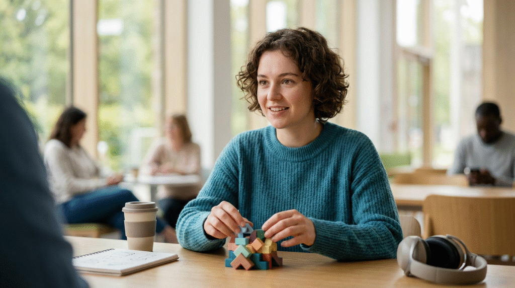 Diverse autistic adults thriving in a sensory-friendly environment, engaged in various activities that reflect their unique interests and communication styles.