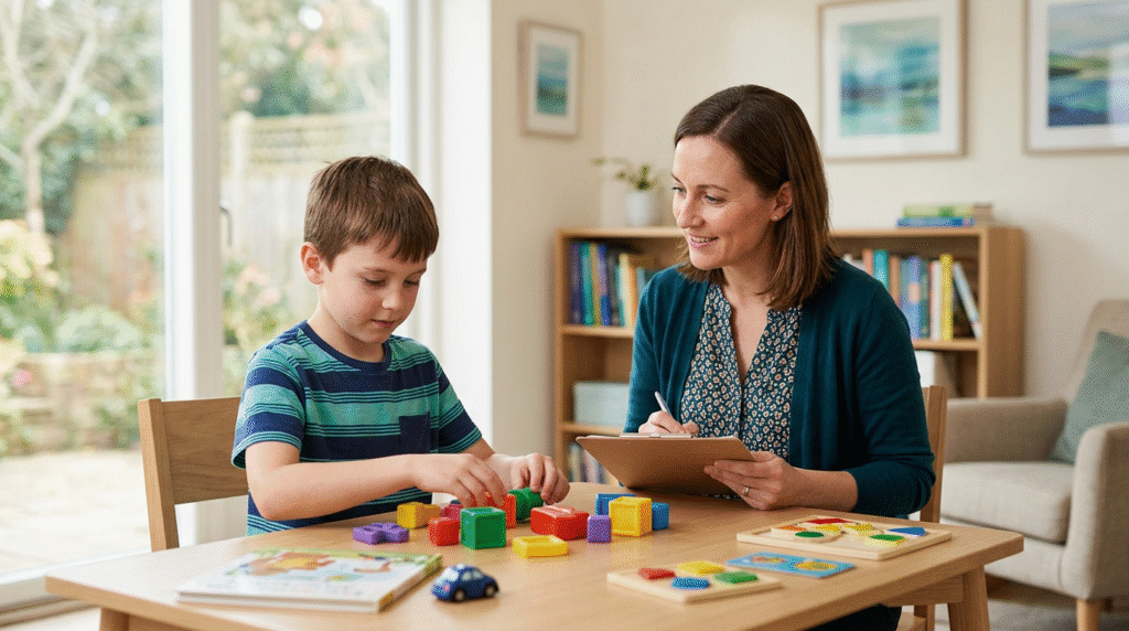 A trained clinician engaging with an autistic child during a structured assessment, observing social communication and play.