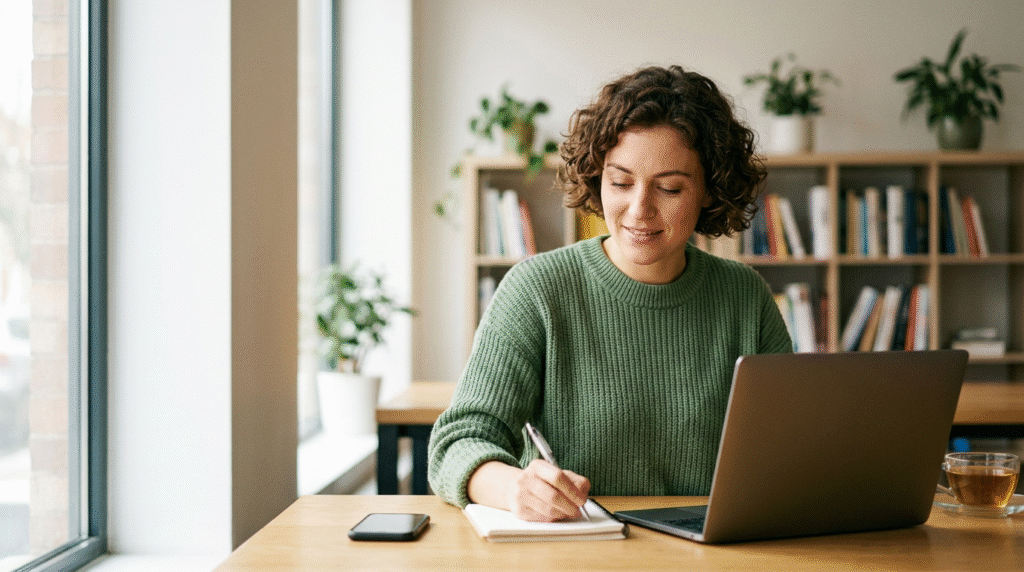 An illustration of an adult with Level 1 Autism Spectrum Disorder, focused on organizing tasks at a desk, symbolizing the need for support in planning and daily navigation.