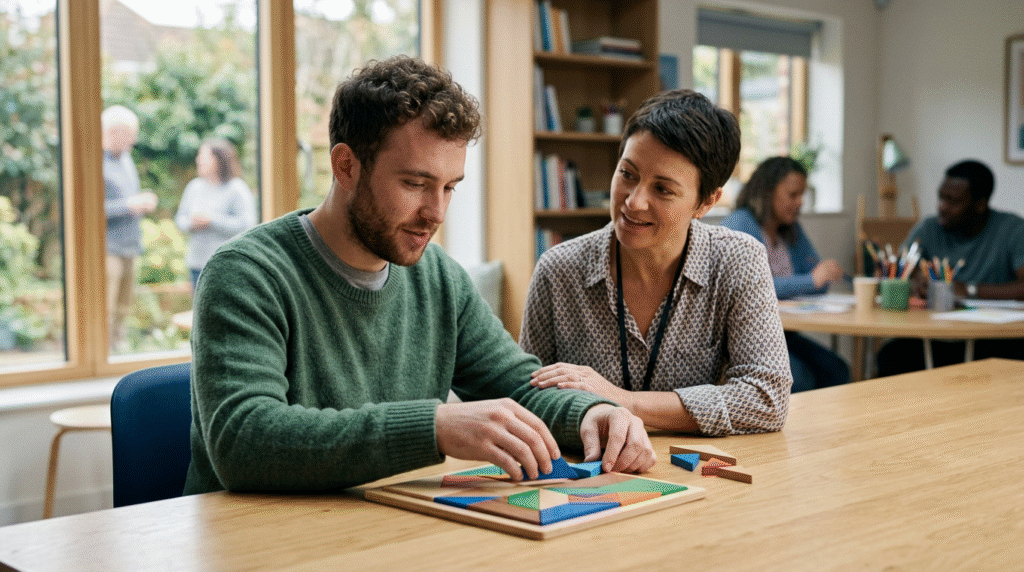 An autistic person with profound support needs using an assistive communication device with a supportive caregiver.