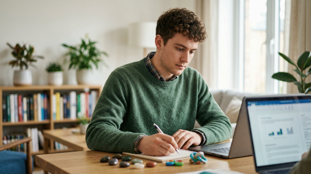 An adult with autism contemplating in a quiet, organized room, subtly illustrating the internal experience of co-occurring OCD and autism spectrum disorders.