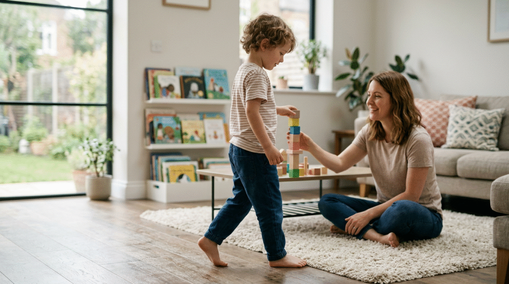 Illustration of a person walking on their toes, demonstrating the gait pattern often associated with autism spectrum disorder, in a calm setting.