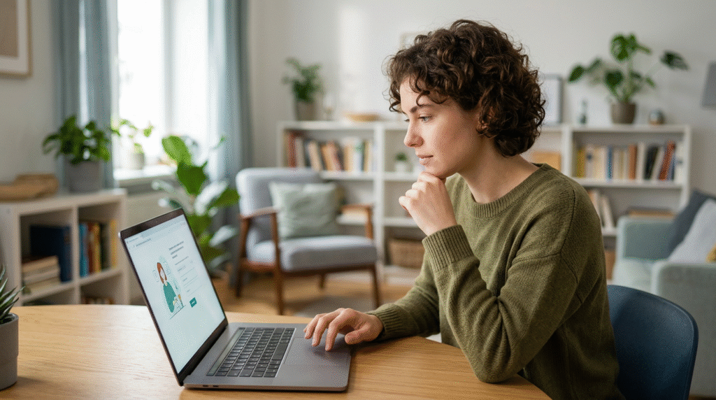Person evaluating an online questionnaire on a laptop, with a magnifying glass icon, symbolizing critical assessment of online autism tests.